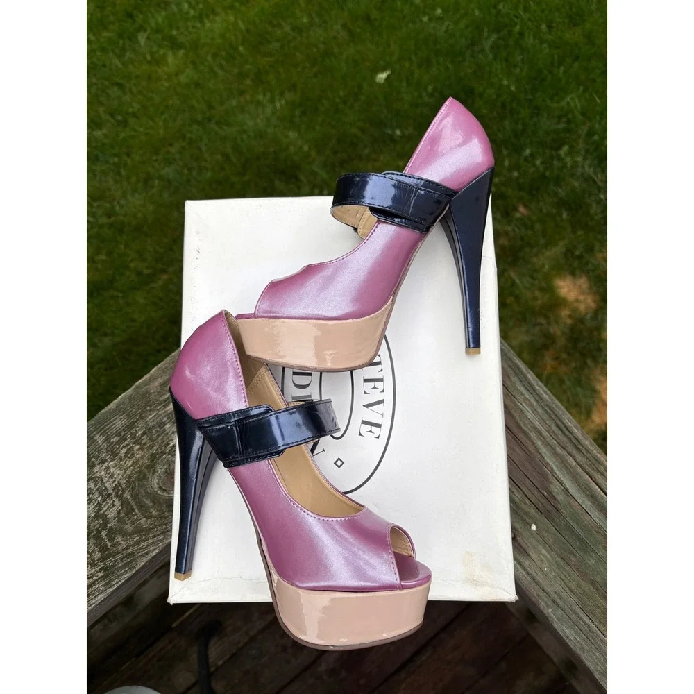Steve Madden Saassi Lavender Metallic Peep Toe Platform Mary Jane Heels Navy 7